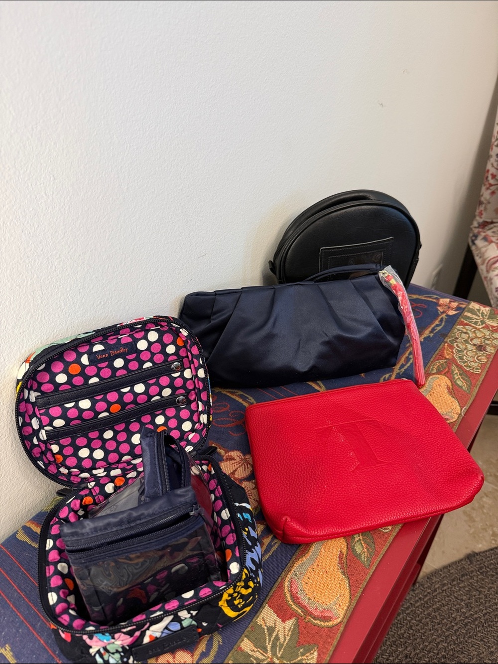 Vera Bradley Navy Polka Dot Cosmetic Set with Red Pouch
